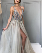 Ivory /Gray Beading Sequins Sexy Deep V Neck  Long Prom Party Dresses