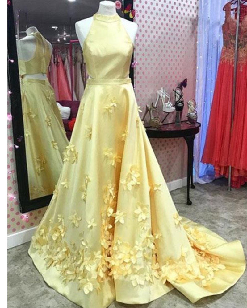 Siaoryne A Line Formal Yellow Halter Handmade Butterfly Prom Dresses Long PL524