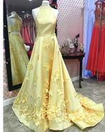 Siaoryne A Line Formal Yellow Halter Handmade Butterfly Prom Dresses Long PL524