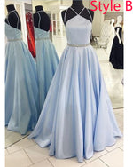 Light Blue A Line Satin Long Formal Prom Dresses LongO Vestido 2019