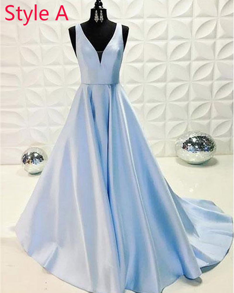 Light Blue A Line Satin Long Formal Prom Dresses LongO Vestido 2019