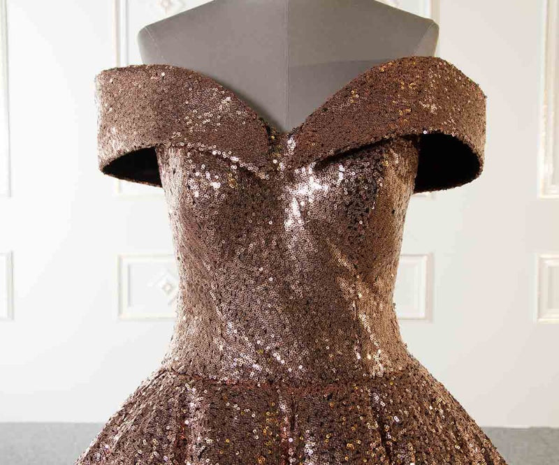 Luxury Sparkly Ball Gown Dresses Gold and Black Sequins Prom Evening Dresses PL749