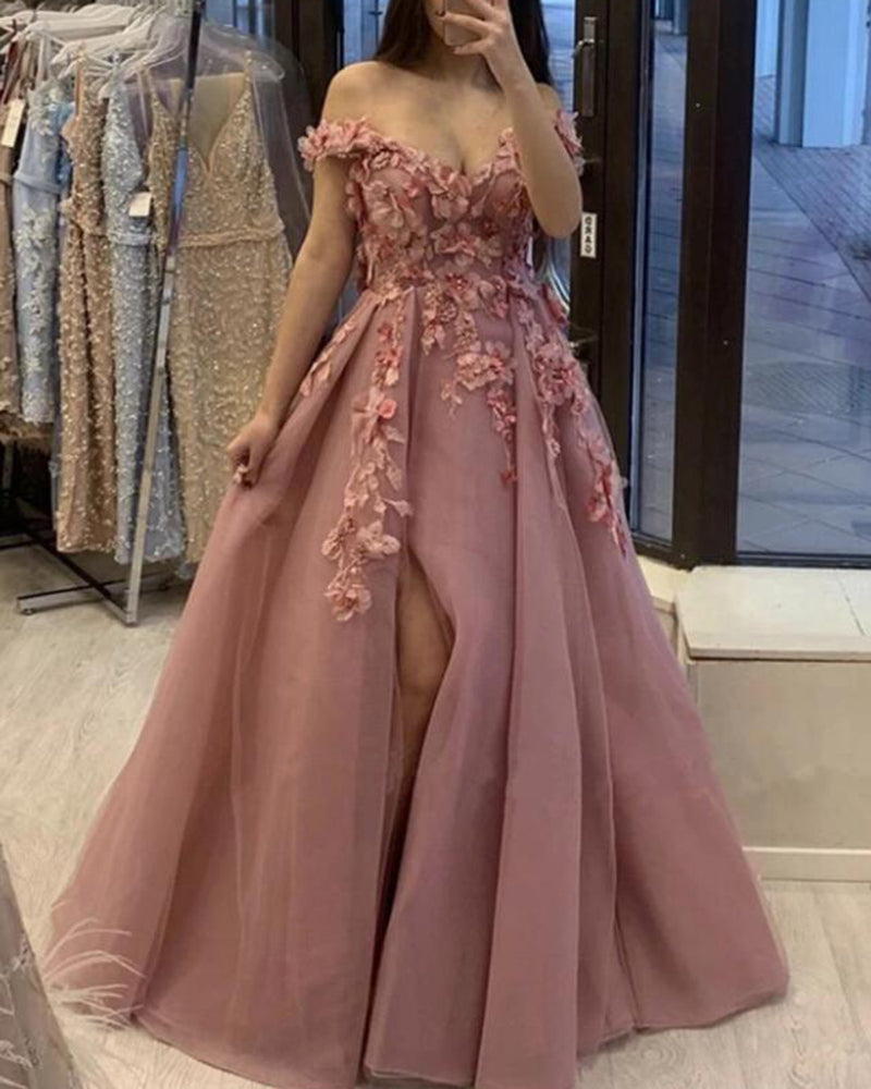 Fancy Custom Made Off the Shoulder Lace Rose Pink Prom Dress Online Shop with Slit CB1010