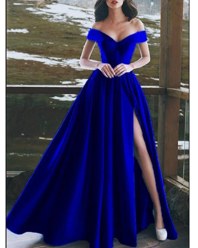 Royal Blue Vestido Longo Satin A Line Slit  Evening Party Dresses Long PL301