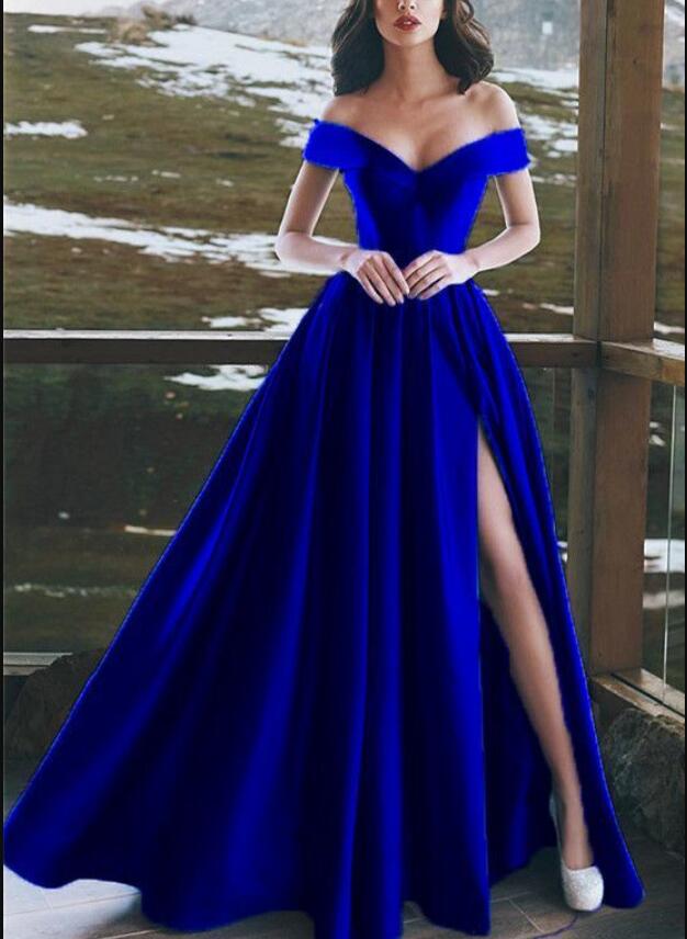 Sky Blue Off Shoulder Sexy Slit Prom dress 2018 A Line Formal Evening Long Dress for Party