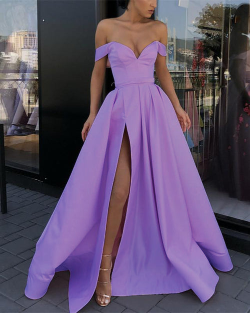 Lilac Slit A Line Satin Formal Evening Dress Prom Party Dresses 2019 PL124