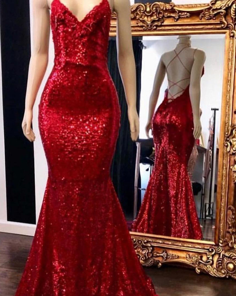 Burgundy Red Spaghetti Straps Mermaid Prom Dresses Long Evening Party Gown PL663