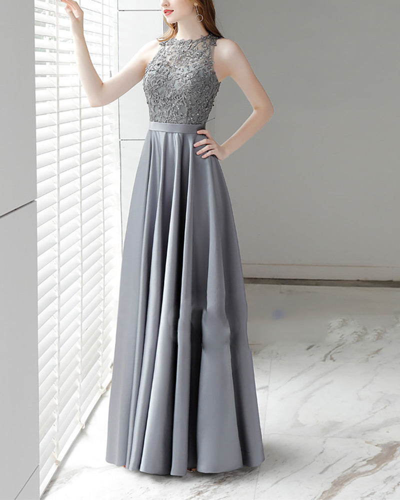 Tank Boat Neck Gray Prom Dresses Long Satin with Lace Beading PL874