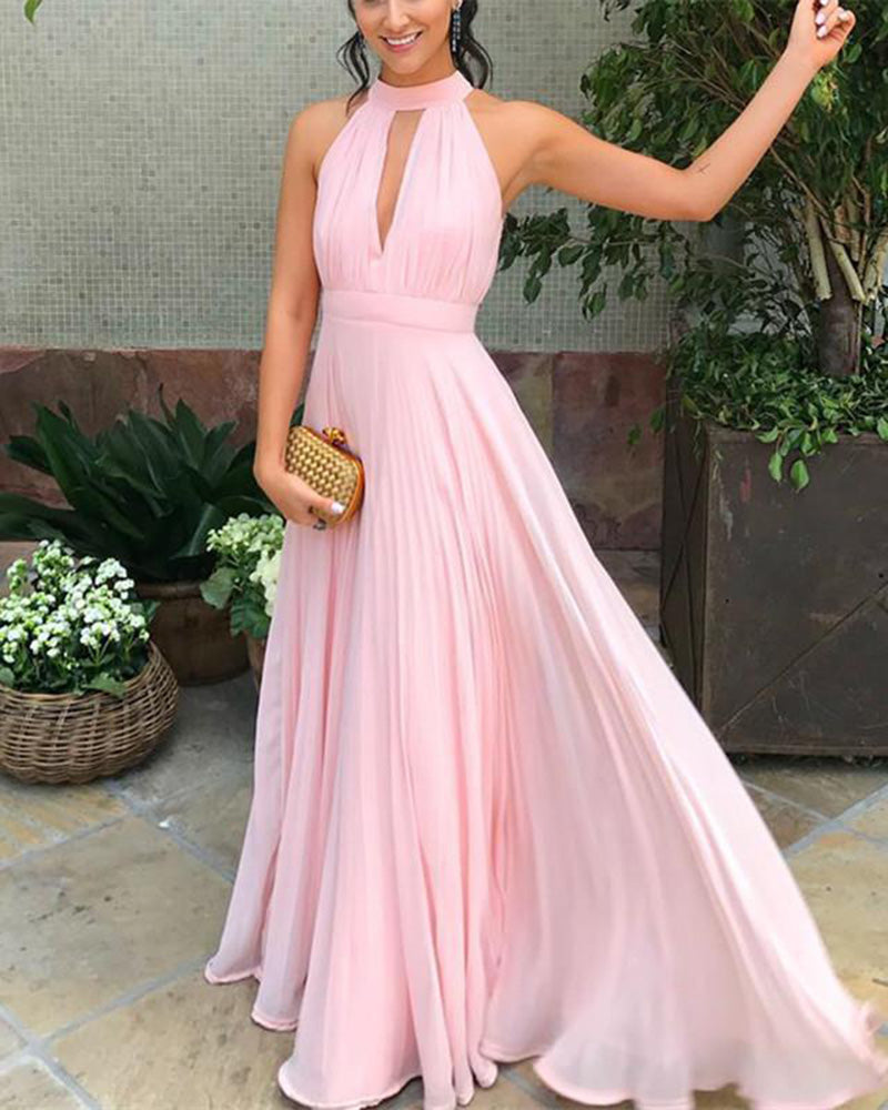 Pleated Halter Coral Pink Long Party Dress Women Formal Evening Gowns 2019 PL541