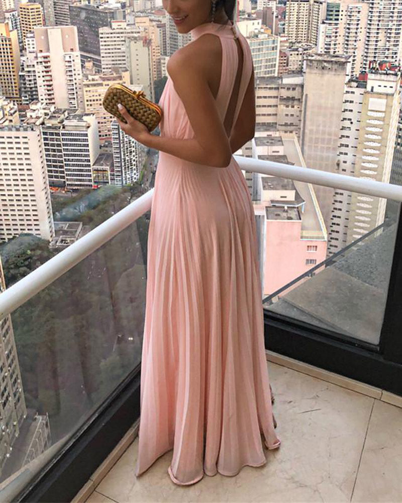 Pleated Halter Coral Pink Long Party Dress Women Formal Evening Gowns 2019 PL541