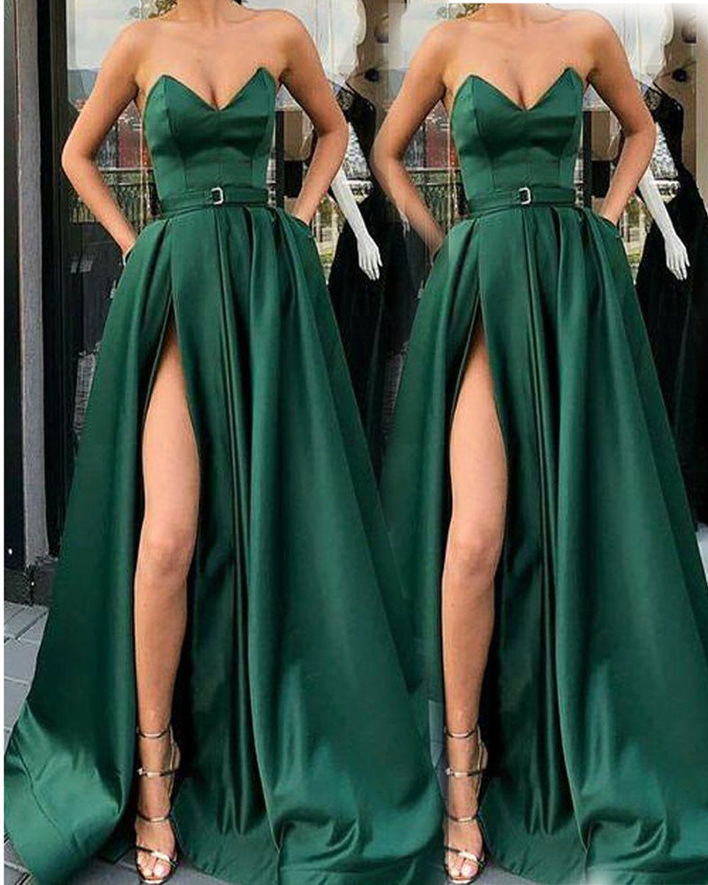 Dark Green outfit Corset Sweetheart Long Prom Party dresses with Belt High Slit Leg PL541