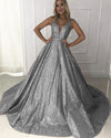 Champagne/Gray Ball Gown Sequins Bling Bling Prom Dresses Sexy V Neck with Straps PL341