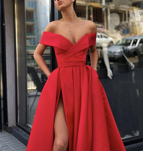 Siaoryne Burgundy Off Shoulder Prom Dresses 2023 Long with Slit Leg & Pockets PL142