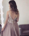 Brown Sexy A Line Long V Neck Prom Dresses PL5541