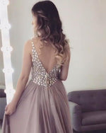 Brown Sexy A Line Long V Neck Prom Dresses PL5541