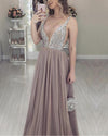 Brown Sexy A Line Long V Neck Prom Dresses PL5541