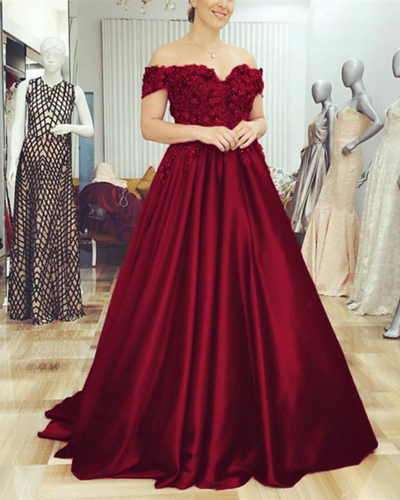 Burgundy Wedding Gown Satin Off the Shoulder Formal Dresses  with Lace Flowers LP6632