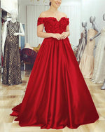 Burgundy Wedding Gown Satin Off the Shoulder Formal Dresses  with Lace Flowers LP6632