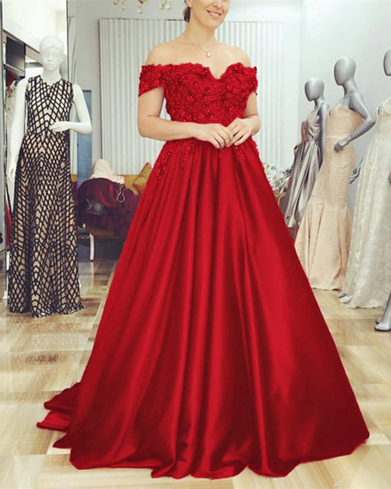 Burgundy Wedding Gown Satin Off the Shoulder Formal Dresses  with Lace Flowers LP6632
