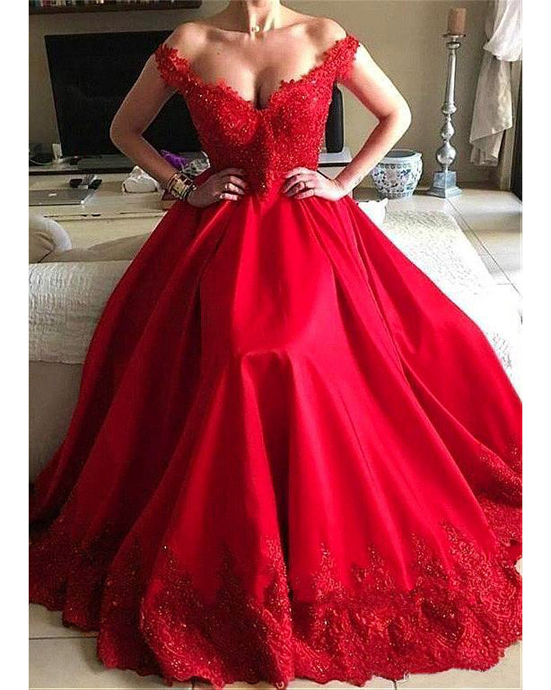 Off the Shoulder Red Women Formal Gown Lace Prom Dresses With Beading PL362