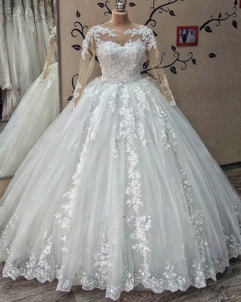 Vintage Lace Wedding Dress Long Sleeved Scoop Neck Ball Gown Bride Gown robe de mariage WD011240