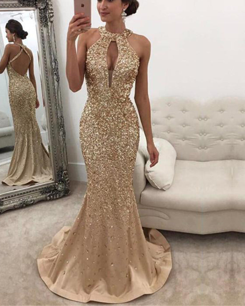 Heavy Beading Halter Prom Gowns Girls Pageant Dresses Mermaid Long PL2110