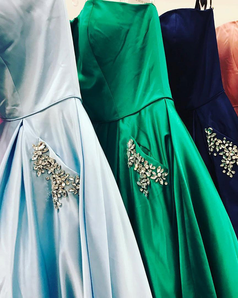 Strapless Satin A Line Girls  Prom Dresses with Beading Pocket 2019 Long Graduation Gown