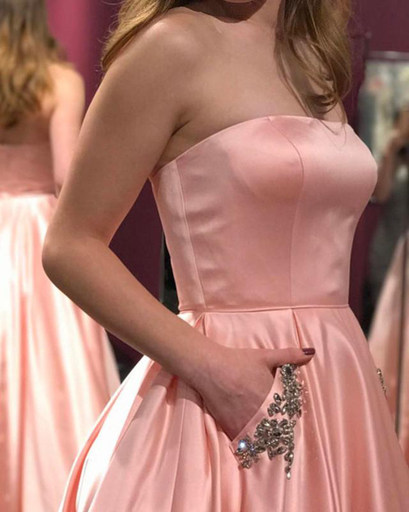 Strapless Satin A Line Girls  Prom Dresses with Beading Pocket 2019 Long Graduation Gown