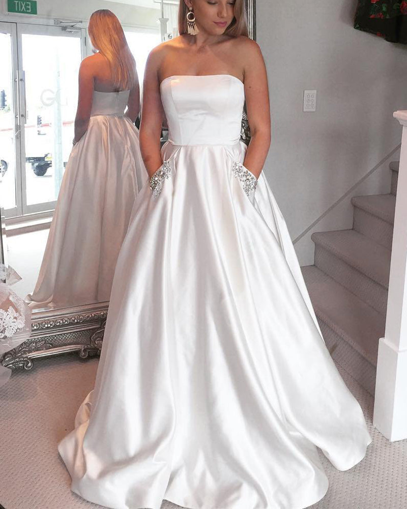 Strapless Satin A Line Girls  Prom Dresses with Beading Pocket 2019 Long Graduation Gown