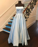 Strapless Satin A Line Girls  Prom Dresses with Beading Pocket 2019 Long Graduation Gown