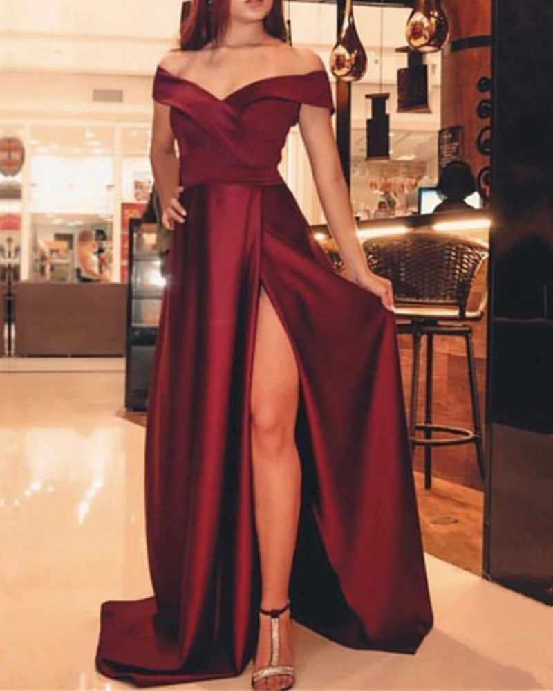 Burgundy Red Slit Long Dress For Party Evening Gown PL665