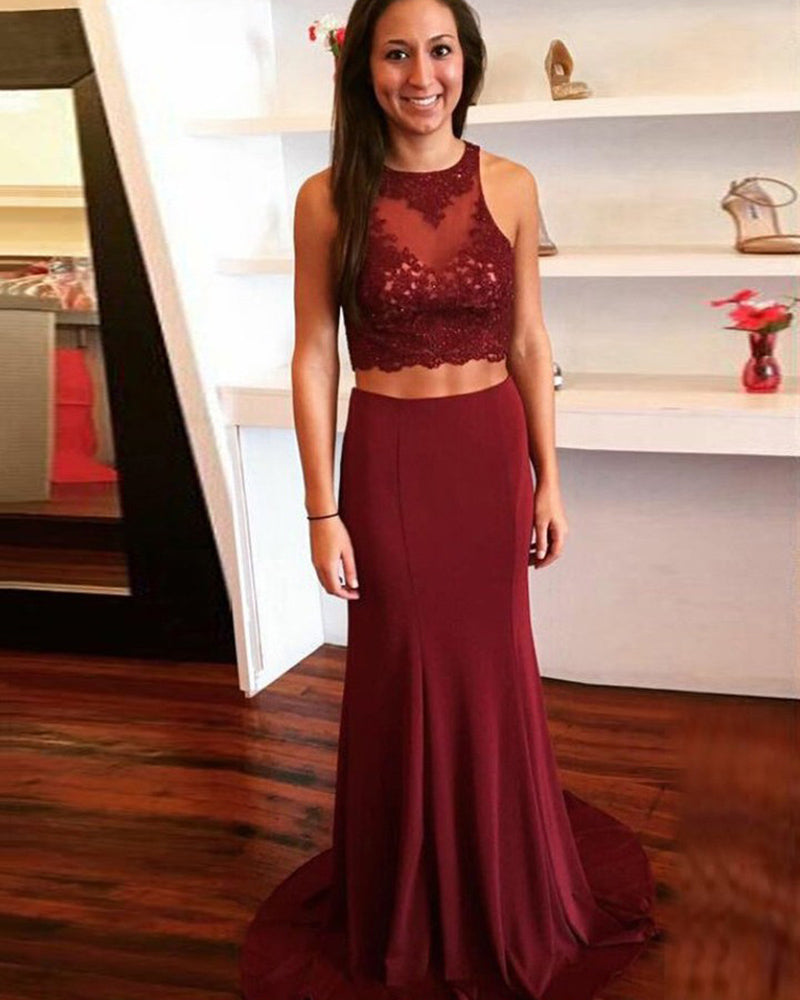 Lace Scoop Neck Fitted Prom Gown Two Pieces Party Dresses 2019 PL2102