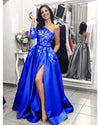 One Shoulder White Lace  Gray A Line Evening Prom Dresses Long 2019 PL6212