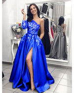 One Shoulder White Lace  Gray A Line Evening Prom Dresses Long 2019 PL6212