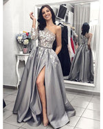 One Shoulder White Lace  Gray A Line Evening Prom Dresses Long 2019 PL6212