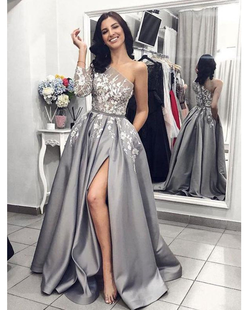 One Shoulder White Lace  Gray A Line Evening Prom Dresses Long 2019 PL6212