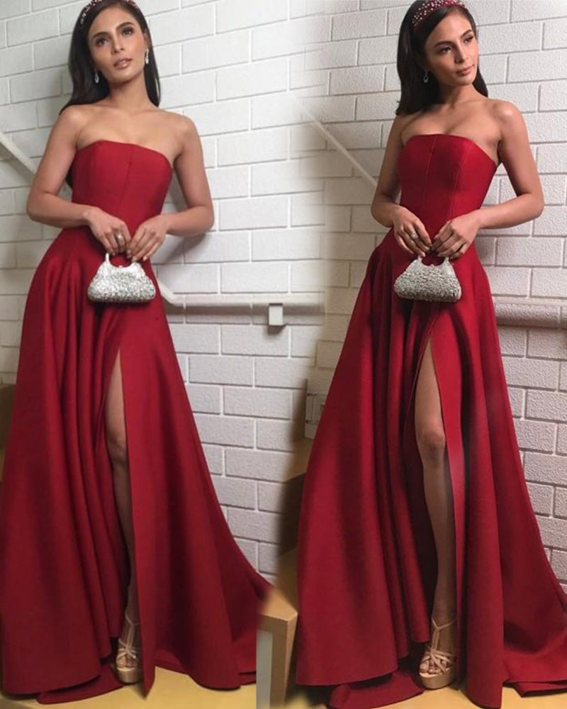 Women Elegant Strapless Evening Long Dresses 2019 with Slit Burgundy /Blue PL6500