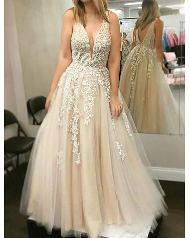 Champagne V Neck Lace Prom dresses Senior Girls Long Formal Party Gown 2020