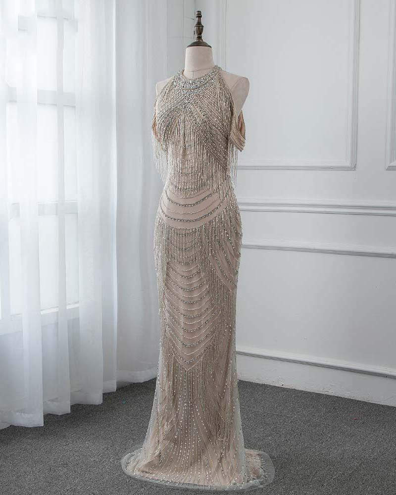 Luxury Champagne Heavy Beading Mermaid Long Pageant Dresses Women Evening Formal Gown 2019 PL874