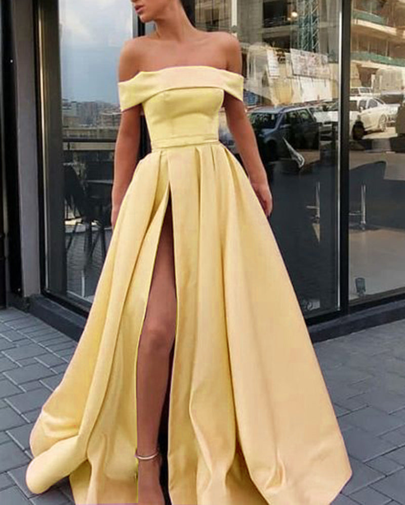 Off the Shoulder Slit A Line Satin Girls Elegant Prom Dresses Long Party Gown PL669