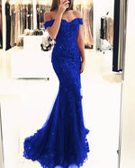 Royal Blue Lace Mermaid Prom Gown Off Shoulder with Sequins Long PL614