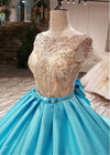 Cap Sleeves See Through Beading Luxury Ball Gown Prom Long Dresses Girls PL654