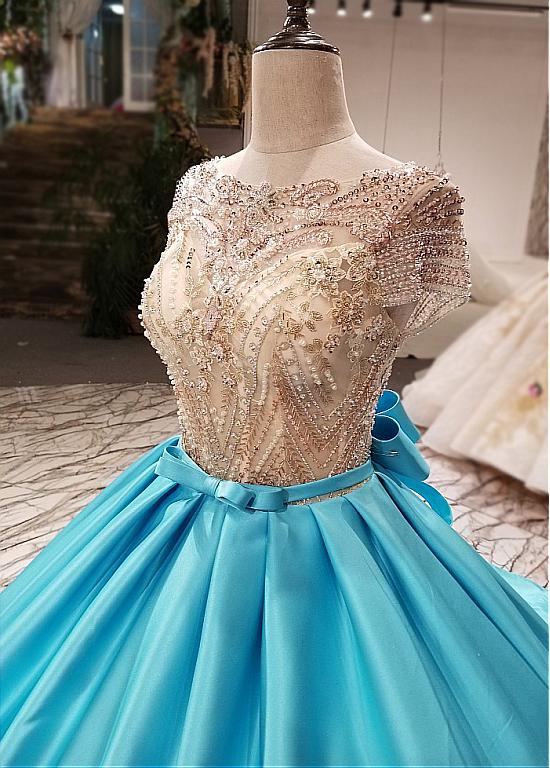 Cap Sleeves See Through Beading Luxury Ball Gown Prom Long Dresses Girls PL654