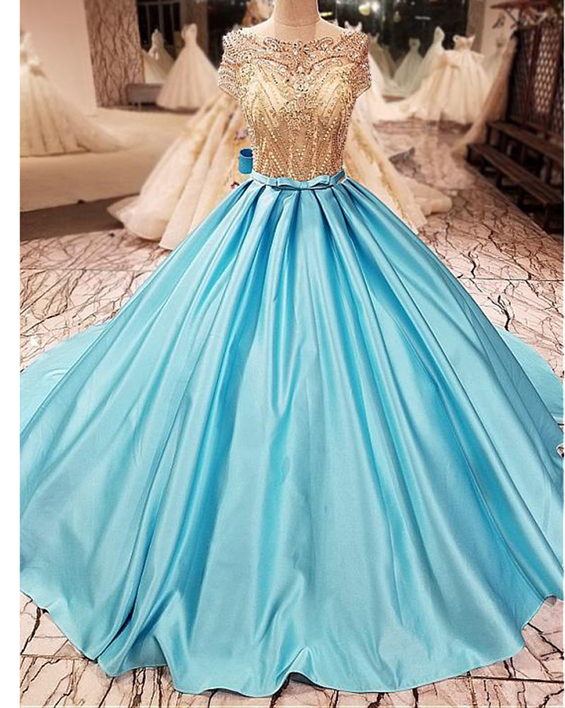 Cap Sleeves See Through Beading Luxury Ball Gown Prom Long Dresses Girls PL654
