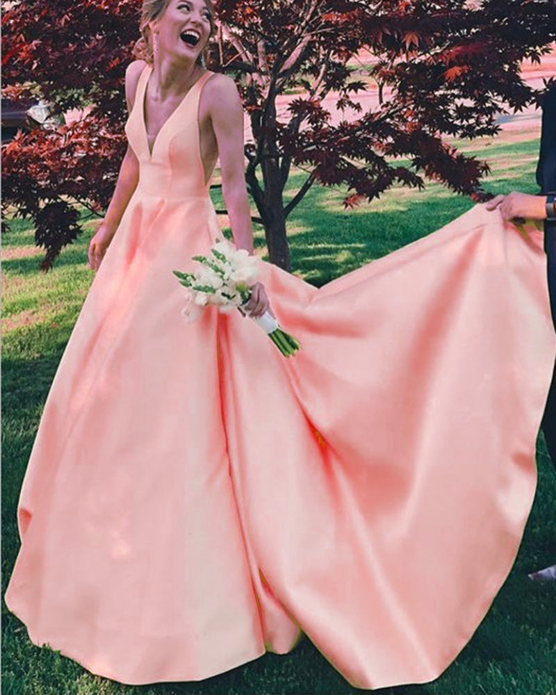 Elegant yellow/Blue/Pink V Neck Party Gown Senior Girls Prom Long Dresses PL414