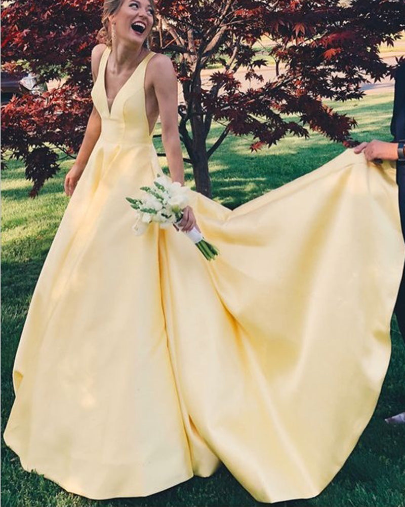 Elegant yellow/Blue/Pink V Neck Party Gown Senior Girls Prom Long Dresses PL414