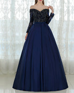Navy Blue Long Sleeves Ball Gown Prom Dresses with Lace Beading PL556