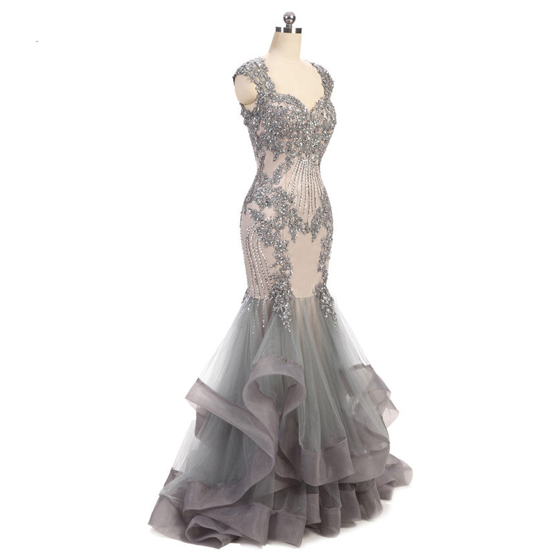 Luxury Chic Grey Mermaid Prom Dress Women Lace Beaded  Long Evening Formal Dress