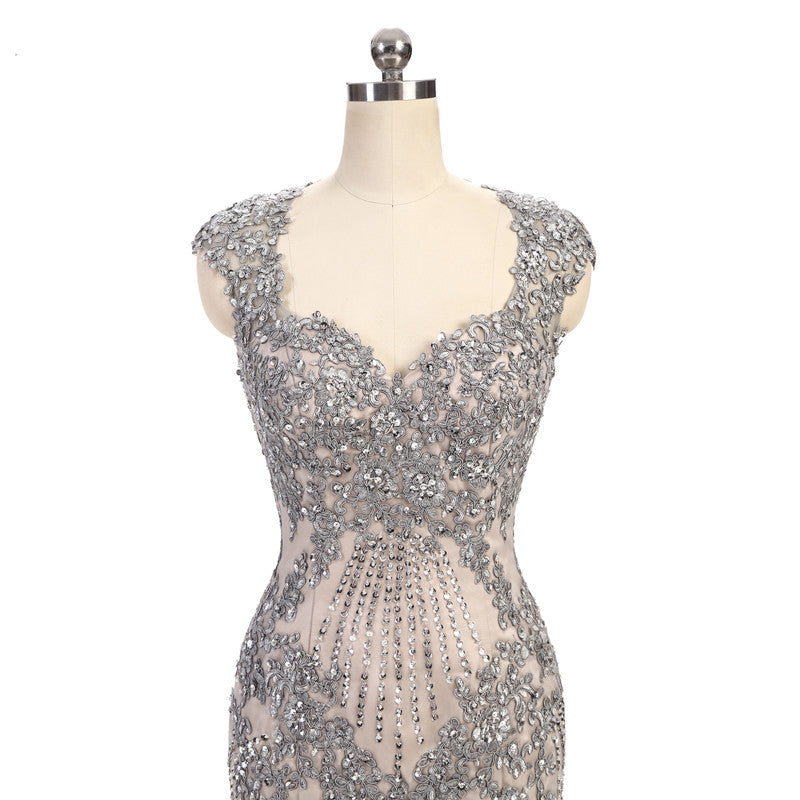 Luxury Chic Grey Mermaid Prom Dress Women Lace Beaded  Long Evening Formal Dress