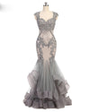 Luxury Chic Grey Mermaid Prom Dress Women Lace Beaded  Long Evening Formal Dress